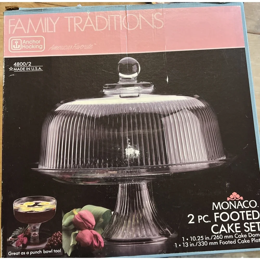🍰 Anchor Hocking Monaco Footed Cake Stand w/ Dome 2 Pc Set NEW In Box USA